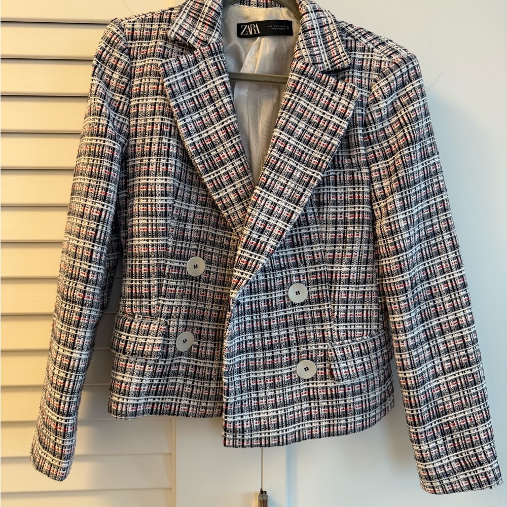 Zara Women's Checkered Blazer - Black, White, Red